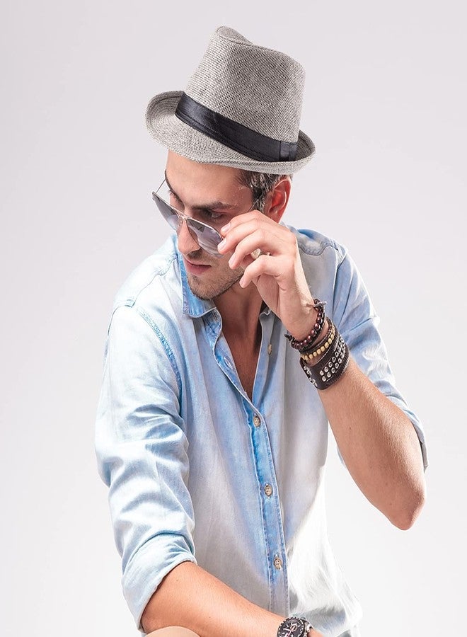 LADYBRO Summer Grey Straw Trilby Fedora Hat for Men 1920s Short Brim Panama Cap 7 1/4 - Image 4